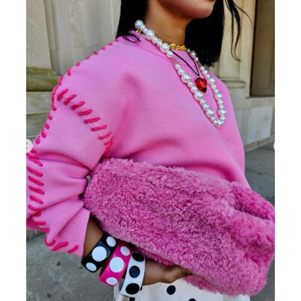 NWT English Factory Pink Whipstitch Crewneck Sweater Oversized Large